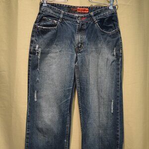 Teakwood Mens Jeans 32/32 Dark Wash Factory Distressed Y2K Denim Dark Wash Denim